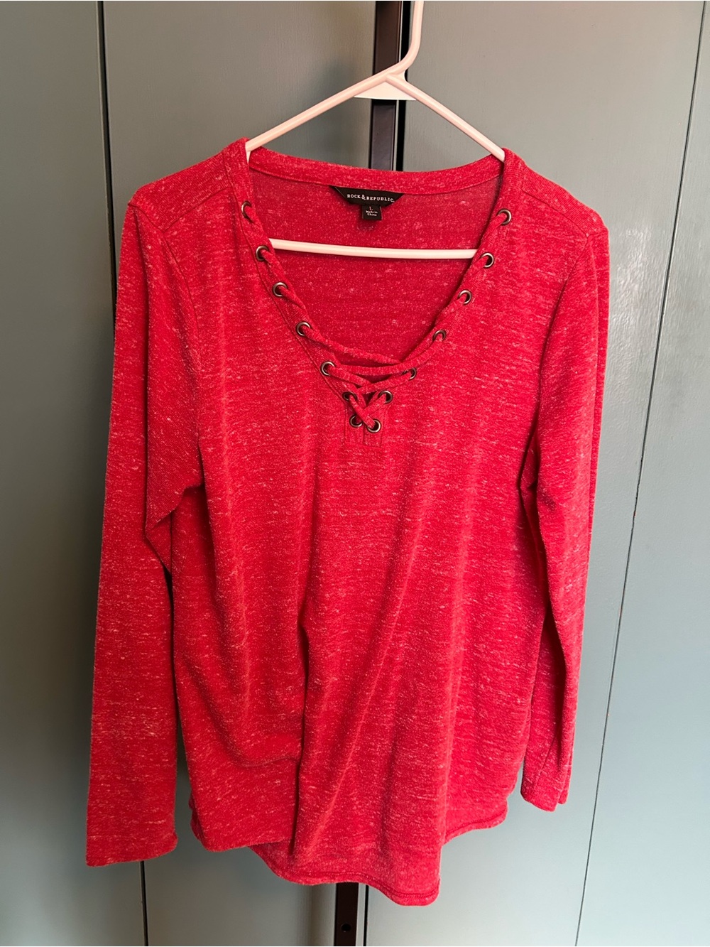 Rock & Republic Red Lace-Up V-Neck Long Sleeve Tee